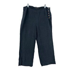 Talbots Pants Women 10 Navy‎ Blue Wide Leg Linen Side Buttons High Rise